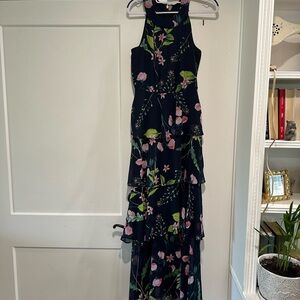 Floral Sleeveless Maxi Dress - Navy Blue and Pink